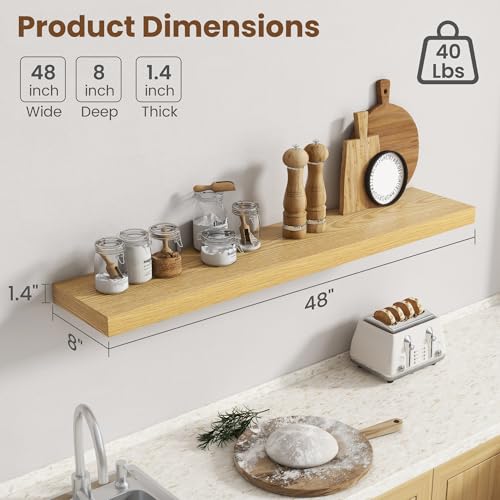 Image of 48 Inch Floating Shelves for Wall, 8 Inch Deep Floating Shelf for Storage & Display, Rustic Wall Mounted Shelf with Invisible Brackets for Living Room, Kitchen, Bathroom, Home Decor, Set of 2, Oak