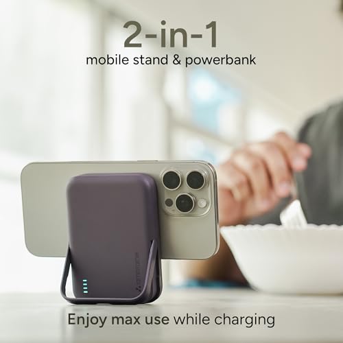 Image of Ambrane MagSafe Wireless 10000mAh Fast Charging Power Bank with Mobile Stand, Strong Magnet, 22.5W Output for iPhone 12 & Above, Android & Other Qi Enabled Device + Magnetic Ring (Maglite, Green)