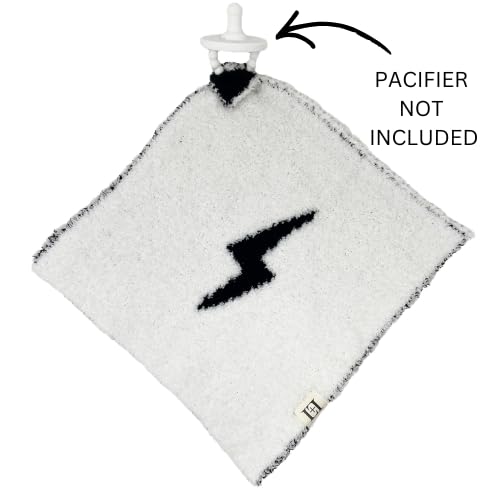Image of L+L USA Lightning Bolt Baby Lovey Pacifier /Teether Holder 10 inchx10 inch - DreamSoft Plush Fluffy Cuddly Soothie Reversible Mini Comfort Blanket - Newborn Gift Essential Babies Boys and Girls (Black /White)