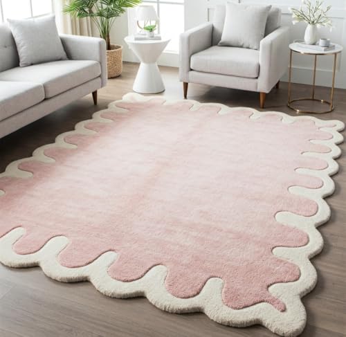 Scalloped Edge Area Rug, Pink with Green Border, Soft Plush