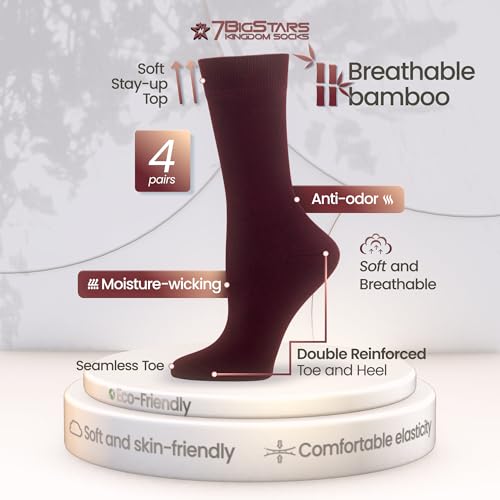 7BigStars Women Bamboo Dress Socks - Solid and Patterned Crew Fit, 4 Pairs Breathable Seamless Socks for Work or Daily Wear2