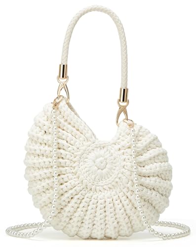 Handgefertigte gehäkelte Muscheltasche Damen-Boho-Strand-Tragetasche mit Perlen-Akzent gehäkelte Muschel-Geldbörse für den Sommerurlaub Schulter-Umhängetasche Hobo-Clutch beige 10.2L x 10.6H