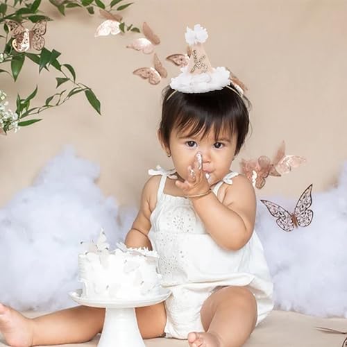 White Flower 1/2 Birthday Hat - Baby Girl Half Birthday Decorations,6 Months Baby Birthday Flower Cone Hat,Gold Glitter 1/2 Birthday Photo Props,White Gauze Floral Half Way To One Party Hat3