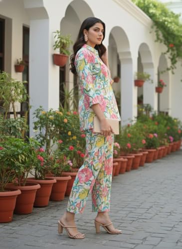Image of NAINVISH Ethnic Cotton Blend Co Ord Set | Casual Wear Pant Top Set | Fancy Co-Ord Set | Full Pair Set | Women Kurta Sets Kurtis | Women Kurta Pant Set | Coord Sets for Women | Maroon Top Pant Set
