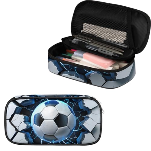 Image of Pardick Soccer in Cracked Big Capacity Pencil Case Pencil Pouch with Zipper, Pen Marker Stationery Bag Art Supply Storage Organizer Box Portable Stationery Storage Bag Pen Holder for Boys Girls
