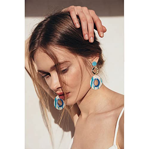 Classyzint Long Acrylic Dangle Earrings For Women Round Blue Swirled Acrylic Resin Drop Gold Plated Dangle Earrings Boho Earrings Beach Jewelry #TOP3