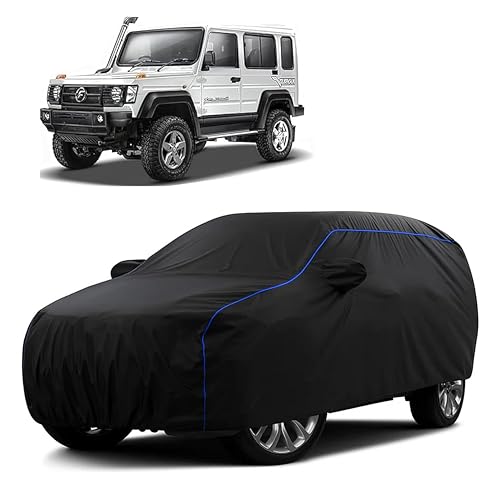 Image of Sulfar 100% Water Resistant Car Body Cover Compatible with Mirror for Force Gurkha (Triple Stitched, Full Bottom Elastic, Black Tafetta with Blue Piping)