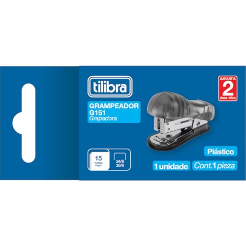 Tilibra - Grampeador 15 Folhas Mini com Extrator G151 Preto Transparente -, 325554
