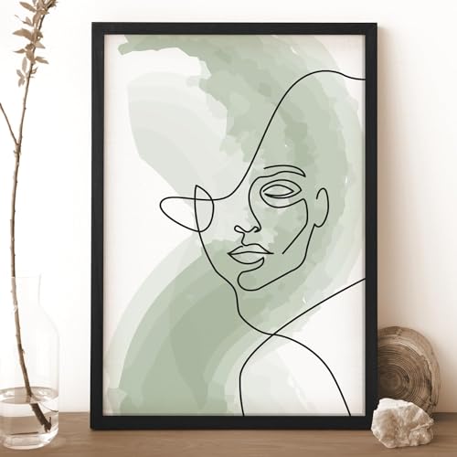 Image of Ritwika's Abstract Wall Art Of Outline Of Women Portrait Water Color Painting | With Frame Perfect For Home Office Decor | Green And Black | Size 13.5 x 19.5 Inch, Set of 1 (01 - WOMEN)