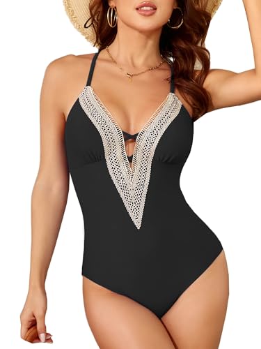Smismivo Tummy Control One Piece Swimsuit Women V Neck Bathing Suits Slimming Lace Swimwear