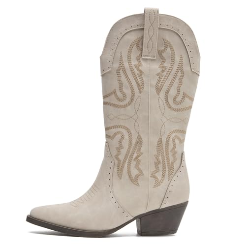 Image of SelRoys Cowboy Boots for Women Cowgirl Mid Calf Western Boots Embroidered Stitched Pointed Toe Chunky Block Heel Brown Red Black US5-11
