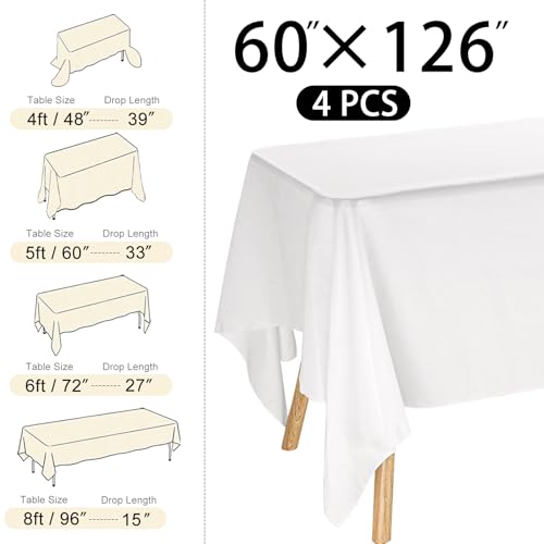 Image of 4 Pack Rectangle Tablecloth 60x126 Inch White Washable Polyester Table Cover for Wedding Dining Table Buffet Parties Banquet Decoration(White)