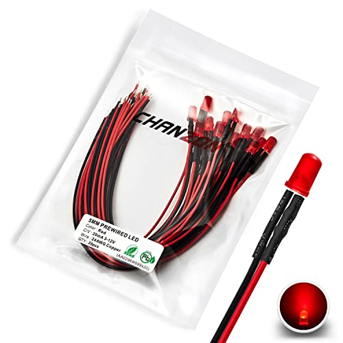 CHANZON 20 pcs Pre-Wired 5mm Red LED Diode Lights (Round Diffused Frosted Lens DC 12V) with 680 ohms 1/4W Resistor and 24awg Wire Indicator Light Emitting Diodes Lighting 5mmled