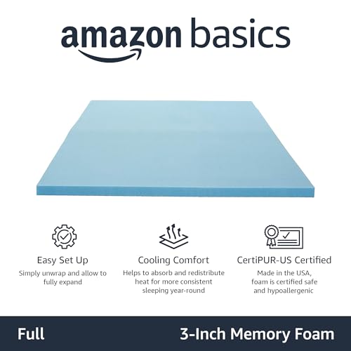 Image of Amazon Basics Full Size Cooling Gel-Infused Memory Foam Mattress Topper, CertiPUR-US Certified, 3 Inches, Blue