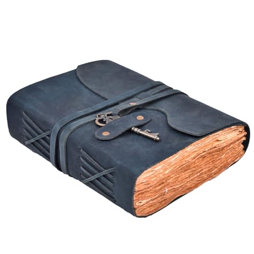 Image of LEATHER VILLAGE Leather Diary Key Lock, Navy Blue 10x7.