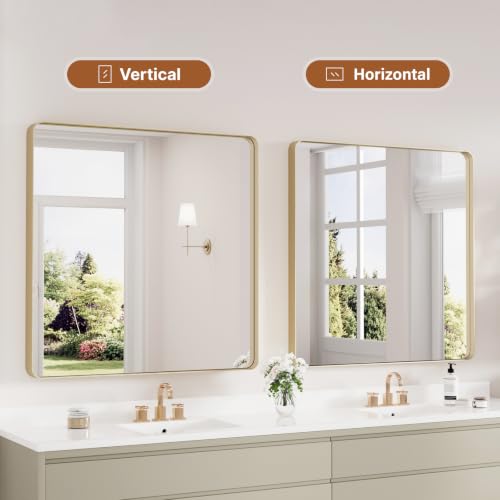 Image of Kosmonia 36x36 Inch Square Bathroom Vanity Mirror Brushed Champagne Gold