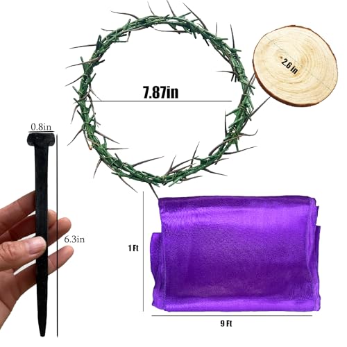Crown of Thorns Set, 8 Pcs Religious Props Includes Thorn Crown, 3Pcs Crucifixion Nails, Whip, Dice, Purple Cloth & Wooden Piece for Good Friday Decor, Church Play, Easter Pageant,Christian Keepsake