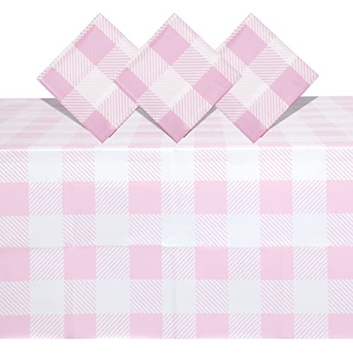 Image of BLUE PANDA Rectangular Plaid Tablecloth - Glamping & Camping Table Cover - Birthday & Picnic Table Covers - Easy-Clean Disposable Tablecloth - Pack of 3, White & Pink - 5 x 9 ft