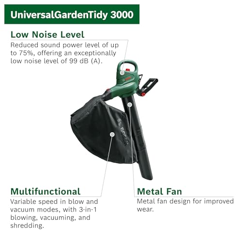 Bosch Electric Leaf Blower and Vacuum UniversalGardenTidy 3000 (3000 W, collection bag 50 l,variable speed,for blowing, vacuuming shredding leaves, Weight: 4.7 kg, in carton packaging)