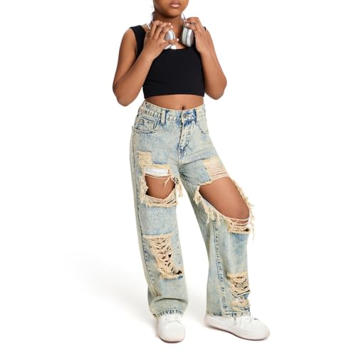 Ripped Denim Jeans for Kids Straight Wide Leg Distressed Washed Cotton Baggy Pants Casual Lightweight Trendy Streetwear4