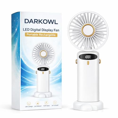 Image of Darkowl Portable Rechargeable Mini Fan with Display, 5 Speed Handheld Fan with Base, 90 Adjustable USB Fan for Travel, Home & Office (White)