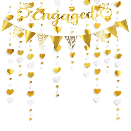3 Pcs Gold Engagement Party Decorations Engagement Decorations Elegant Letter Banner with Triangle Pennant and 4m Gold White Heart Garland Perfect for Engaged Couples Celebration