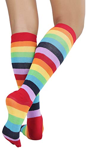 Image of ToBeInStyle Women's Bright Vibrant Rainbow Striped Thigh High Rave Stockings