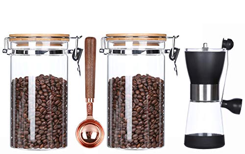 KKC HOME ACCENTS Air Tight Glass Coffee Beans & Ground Coffee Storage Containers with Spoon & Coffee Grinder,Coffee Bean Holder for 1 lb Coffee beans,40 Fluid-oz Jar