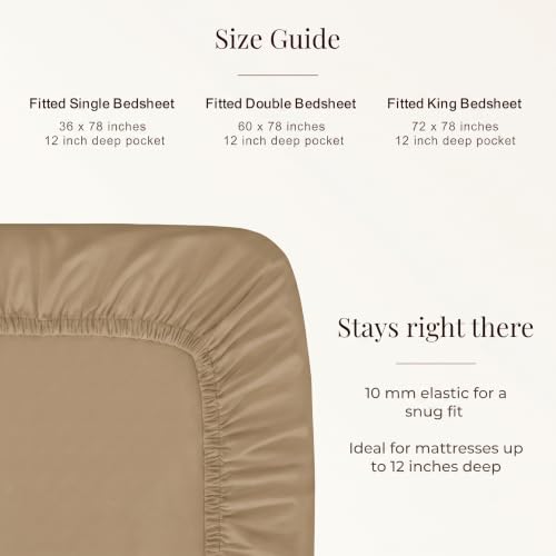 Image of Huesland 300 TC Premium 100% Pure Cotton Luxe Soft Touch Fitted King Size Bedsheet Cotton with 2 Pillow Covers | Sand Dune | 72 x 78 Inches