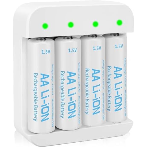 Rechargeable 1.5V Lithium AA Batteries with Charger (4-Bay Independent Slot), Long Lasting Double A Size Battery 3600mWh for Blink Batteries (4 Pack)