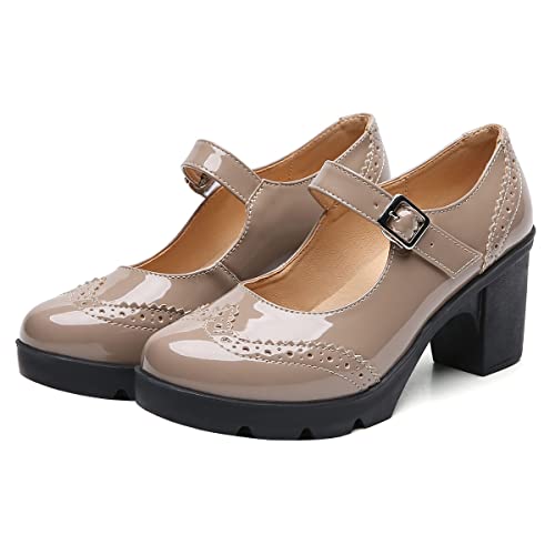 SHEMEE Women's Chunky Platform Patent Leather Mary Janes Pumps Buckle Ankle Strap Block High Heels Wingtip Oxfords Dress Shoes Uniform