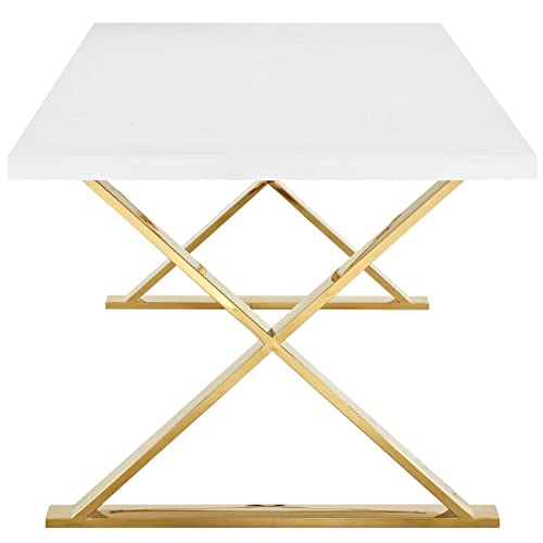Modway Sector 87" Modern Dining Table With Gold Stainless Steel Metal X-Base In White Gold #TOP3