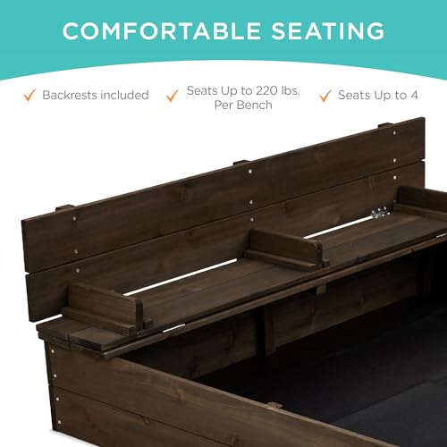 Image of Best Choice Products Large Outdoor Wooden Sand Box for Kids, Sandbox with Cover, Bench Seats Support up to 220 lbs, Bottom Liner for Drainage, Cedar Wood - Espresso