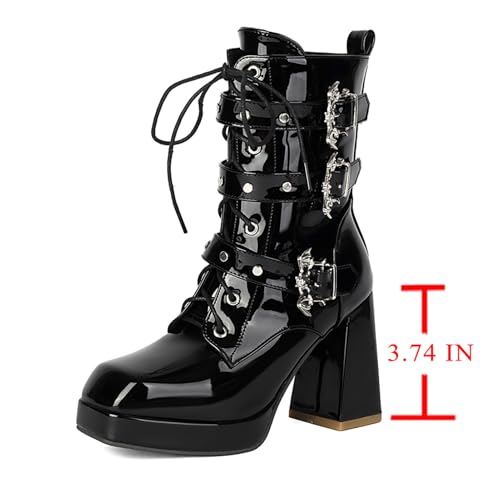 Image of FOREADA Goth Boots Chunky Heel Boot For Women Ankle Combat Booties Black Platform Bootie Buckle Rivets Punk Goth Shoes With Zipper
