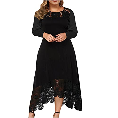 Women Long Sleeve Midi Dress Floral Lace Swing Cocktail Dresses Cut Out A Line Plus Size High Low Formal Wedding Guest Dress Black