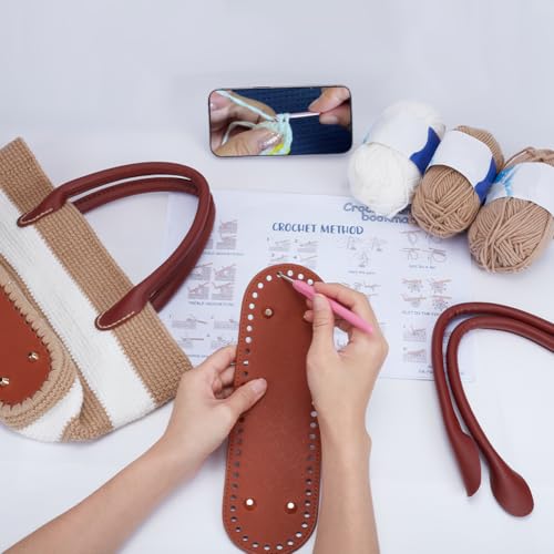 Image of ORIGACH DIY Crochet Handbag Kit for Beginners, Khaki Striped Crochet Bag with PU Leather Band and Base, Complete Crochet Set to Make a Bag, Include Yarn, Crochet Hooks, Markers and Instruction
