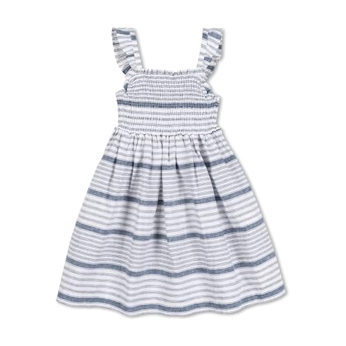 Hope & Henry Girls Flutter Sleeve Smocked Linen Dress 6 Dark Blue Variegated Stripe