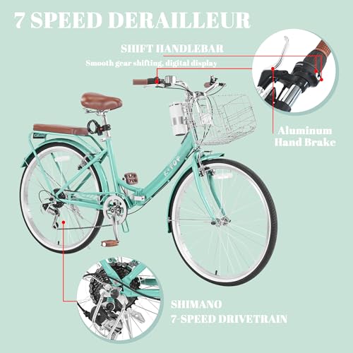 Image of 24 /26 Inch Folding Beach Cruiser Bike for Women, 7-Speed Foldable Bicycle with Basket & Cup Holder, Adult Commuter Bike with Adjustable Seat, Dual V-Brake System
