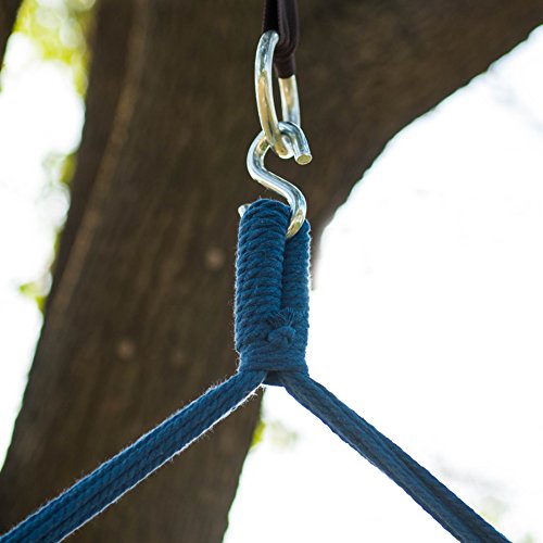 EverKing Hanging Rope Hammock Chair Porch Swing Seat, Large Hammock Net Chair Swing, Cotton Rope Porch Chair for Indoor, Outdoor, Garden, Patio, Porch, Yard - 2 Seat Cushions Included (Blue Stripe)