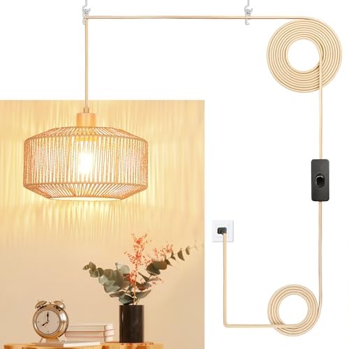 Qingmiao Plug in Pendant Light Paper Woven Rattan Hanging Lights Boho Hanging Lamp Rustic Farmhouse Pendant Lights for Kitchen Dining Room Bedroom Entryway, with 3-Way Dimmable Bulb (Woven-2)