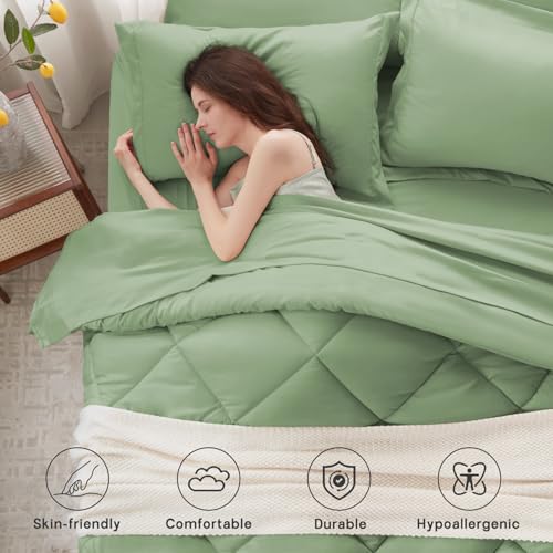 Anluoer Twin Comforter Set,Sage Green Bed in a Bag 5 Piece,Lightweight Bedding Set with Soft Down Alternative Fill,Bed Set Includes Comforter, Fitted Sheet, Flat Sheet,Pillowcase and Sham