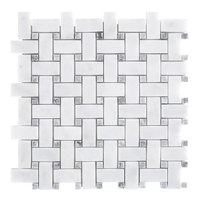 Tenedos Carrara Basketweave Polished Marble Mosaic Tile 12x12 in for Kitchen Backsplash Bathroom Wall Shower Floor Fireplace Accent Natural Stone (5 Sheets)