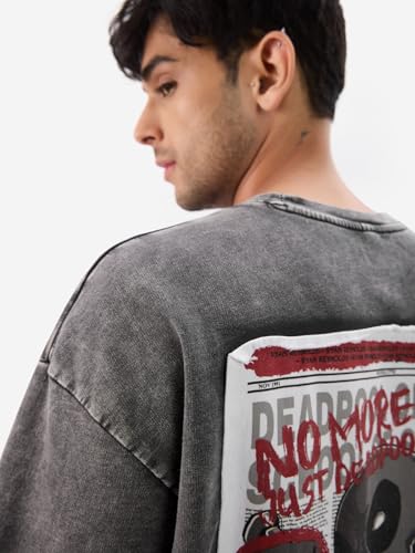 Image of The Souled Store Official Deadpool: No More Calm Men and Boys Short Sleeve Round Neck Grey Cotton Oversize Fit T-Shirt