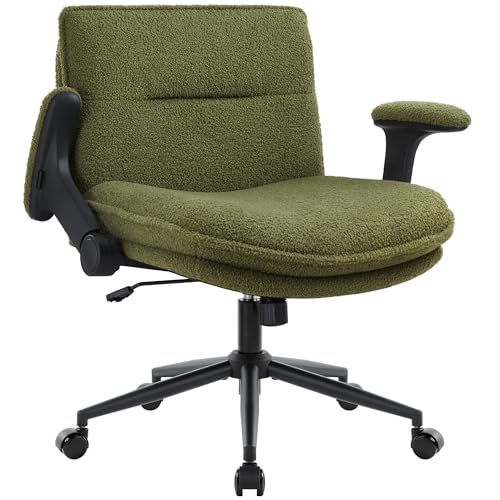 Image of Criss Cross Legged Office Chair with Wheels and Flip-Up Arms, Ergonomic Wide Seat Desk Chair with Thick Padded, Height Adjustable Criss Cross Chairs for Home Office, Bedroom,Vanity,Green