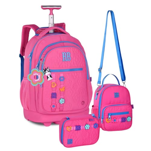 Kit Mochila de Rodinhas Lancheira Térmica e Estojo Box Rebec Bonbon Flower Power RB Escolar Trabalho Faculdade Rosa