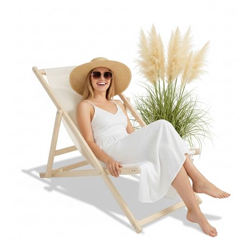 Mucola Holz Strandstuhl klappbar Strandliege tragbar mit atmungsaktivem Bezug in Beige Faltliege Gartenliege Beige Liegestuhl für Terrasse Pool & Urlaub