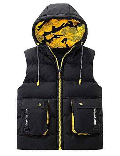 Echinodon Gilet thermique à capuche pour garçon - Veste demi-saison - Imperméable - Chaud - Automne - Outdoor - Noir - 14 ans Cover