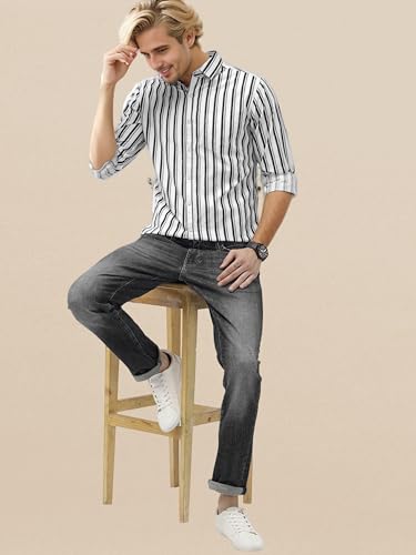 Image of IndoPrimo Men's Cotton Shirt with Spread Collar Neck Line Striped Pattern Full Sleeves Regular Fit Western Style and Standard Length
