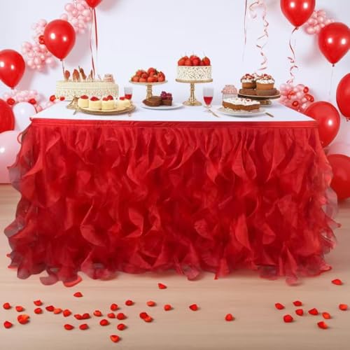 Image of Luxury Organza Mesh Table Skirt Draping Floating Romance - Perfect for Bridal Showers, Birthday Weddings - Clear Flowing Decoration for a Wonderful Main Cake Table (Red-6ft, 72 inch Lx30 H)