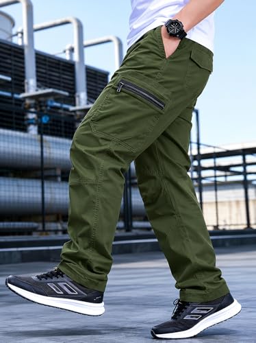 Image of Men's Pure Cotton Cargo Pants | Regular Fit Multi-Pocket Utility Trousers for Men | Solid Cargo Bottom Wear with Zip Pockets | Comfortable Casual Outdoor Wear